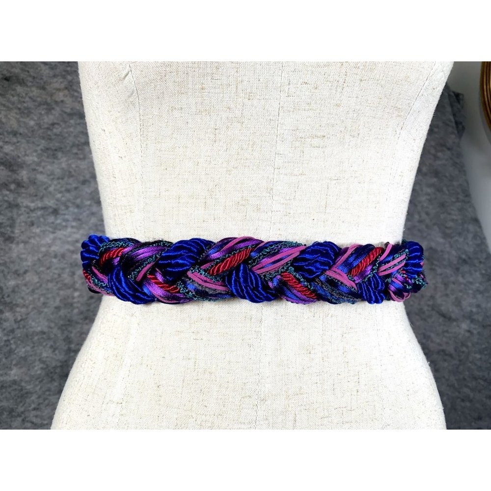 Vintage Statement Belt Womens Braided Waist Fabric Blue Red Colorful Tie 90s